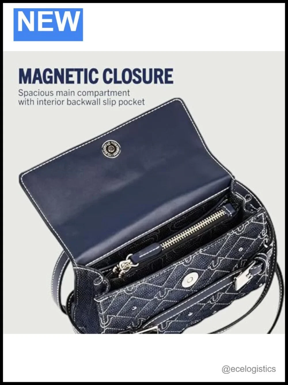 Denim Crossbody Flap Bag with Stud Accents and Horseshoe Logo